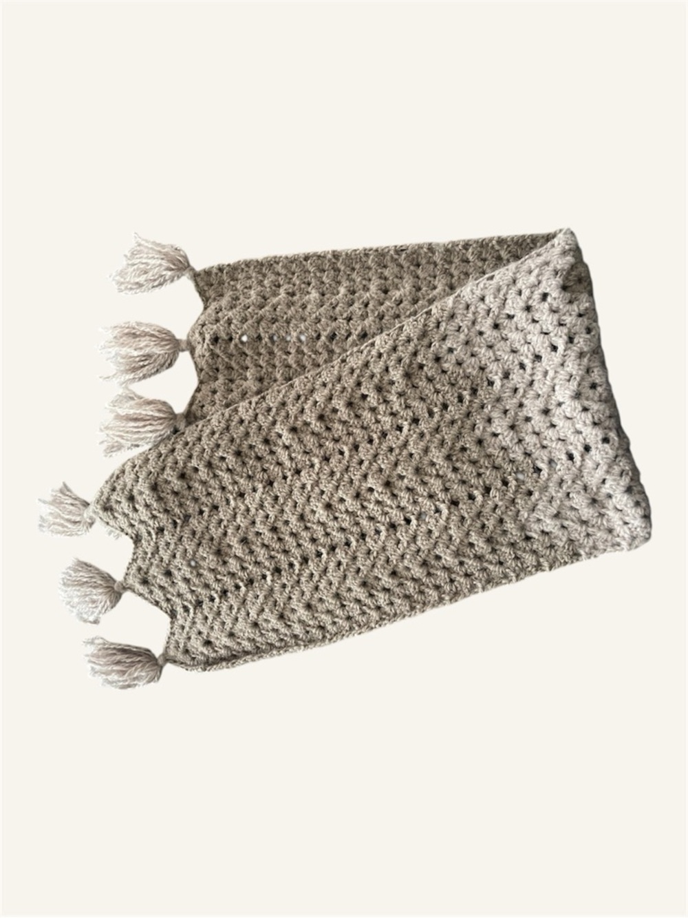 Hand Crafted Taupe Crochet Table Runner with Tassels